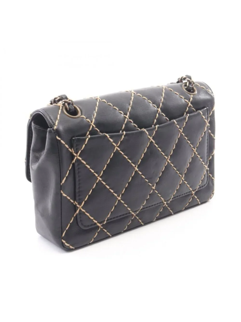 Chanel Shoulder Bag Wild Stitch Black Beige Lambskin Chain